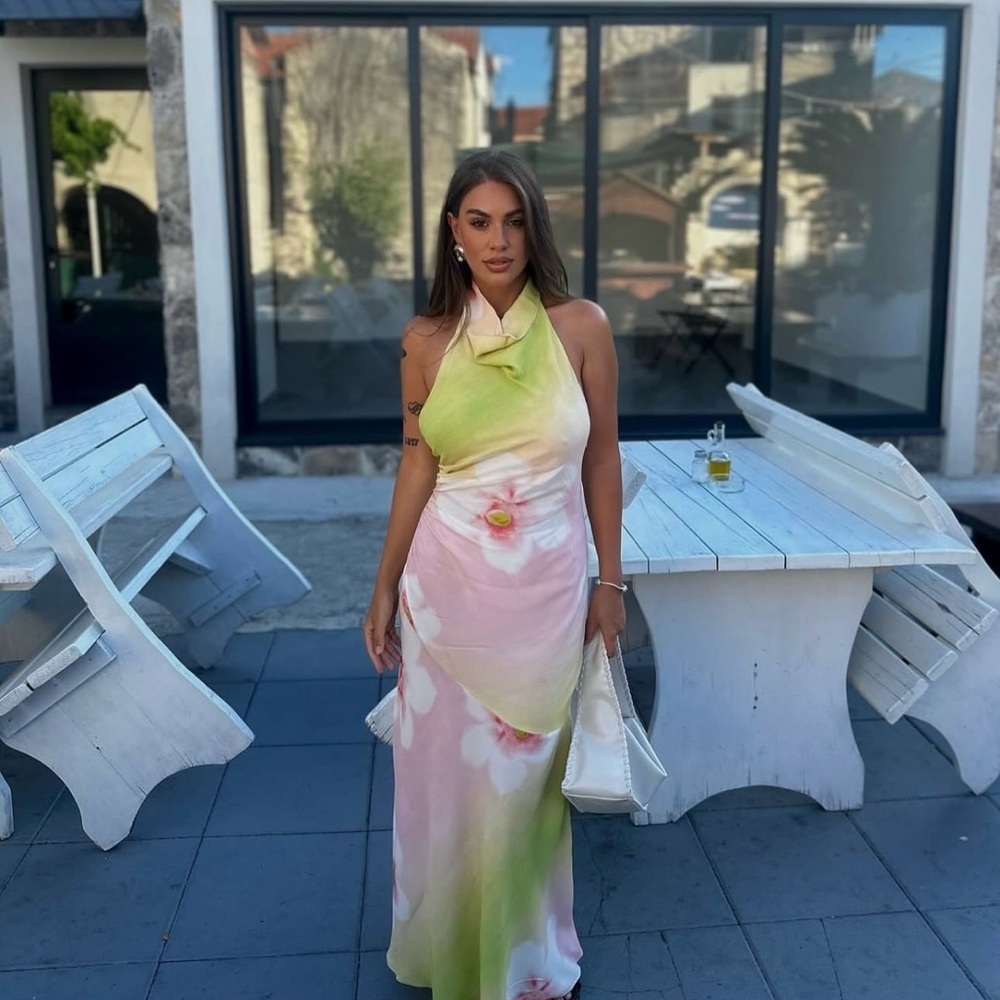 Zara Elegant Multicolor Halter Floral Maxi Dress bohemian vacation Summer